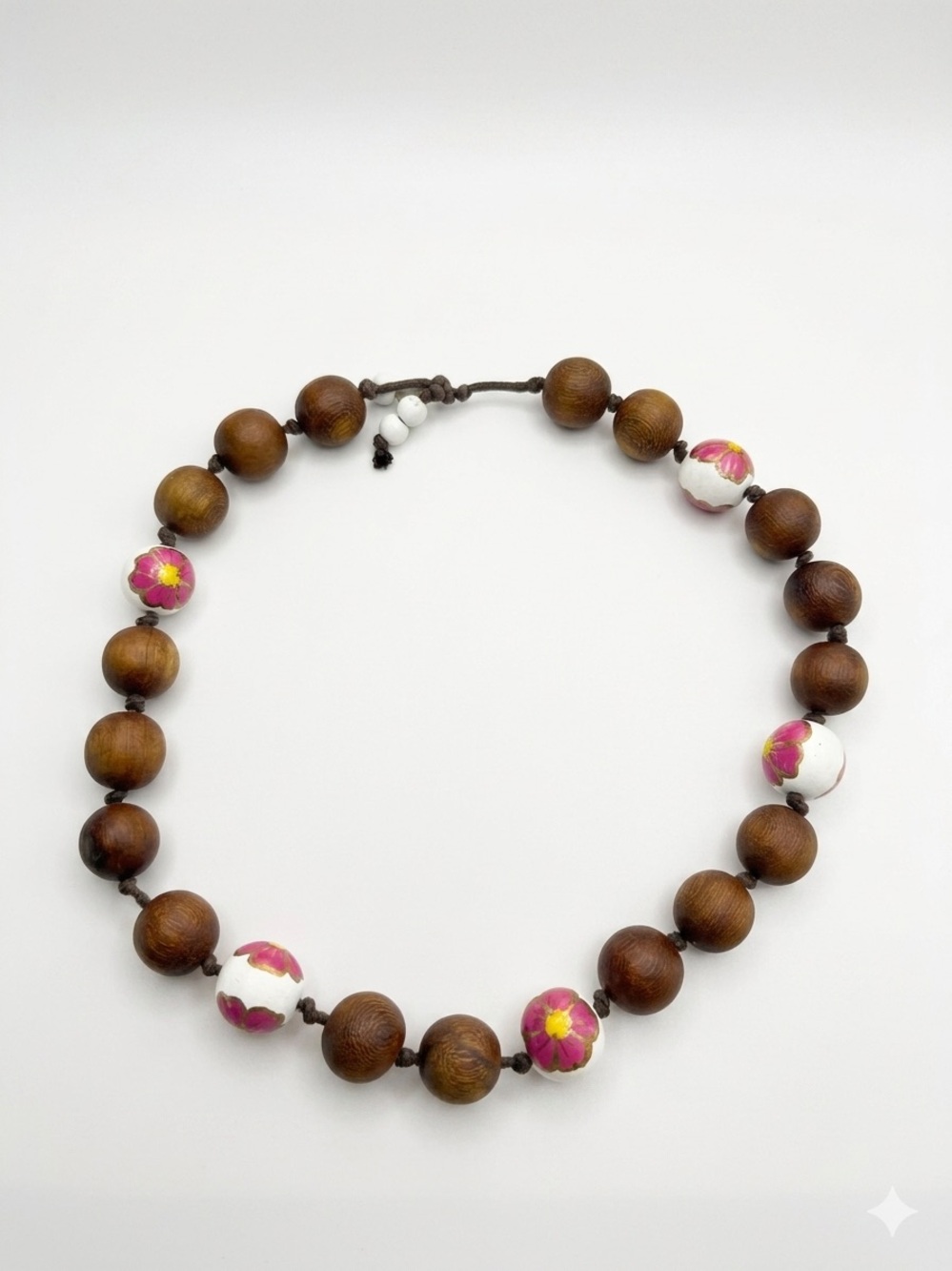 Handmade Brown Wood Bead Necklace with Pink Floral Accents